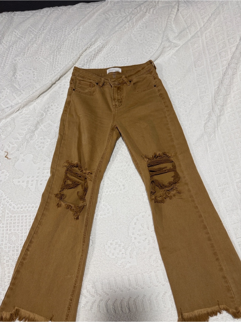 Women’s Boot Cut Jeans in Brown with Distressed Knees